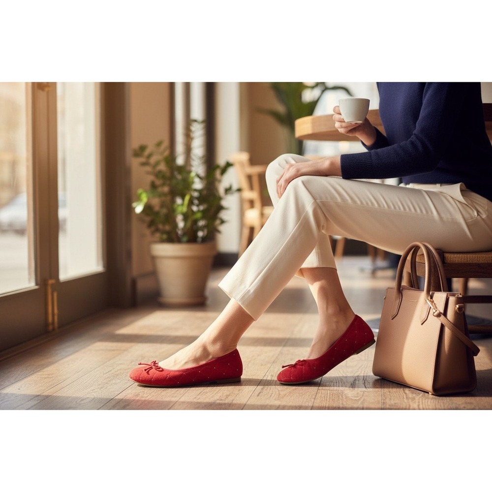 Talbots Red Suede Quilted Ballet Flats Studded Bow Round Toe Shoes Womens 8M